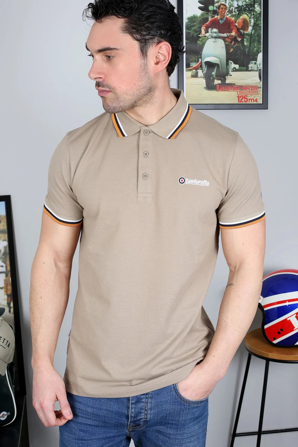 Lambretta Men's SS1650 Triple Tipped Polo Shirt Cashew / White / Navy / Apricot