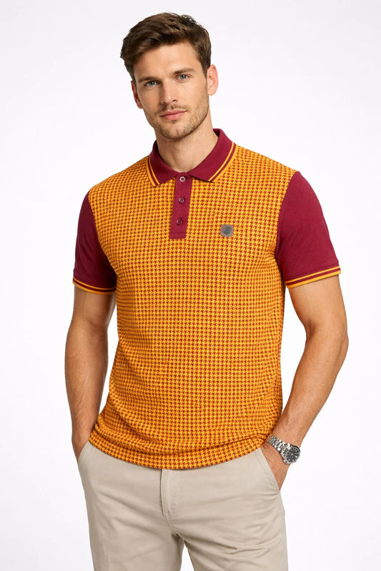 Lambretta Men's SS4026 Houndstooth Polo Shirt Burgundy / Gold