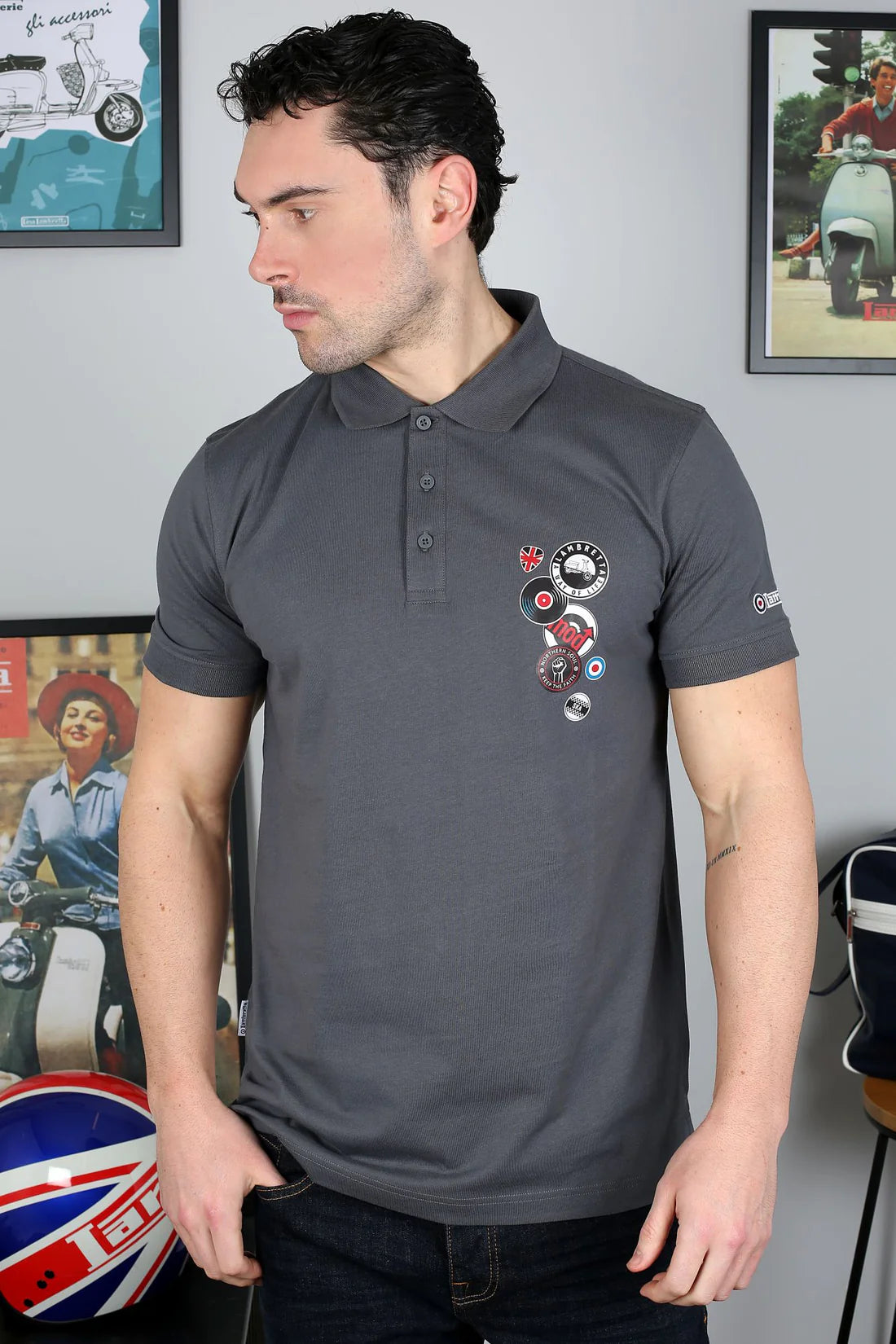 Lambretta Men's SS6014 Badges Polo Shirt Iron Grey