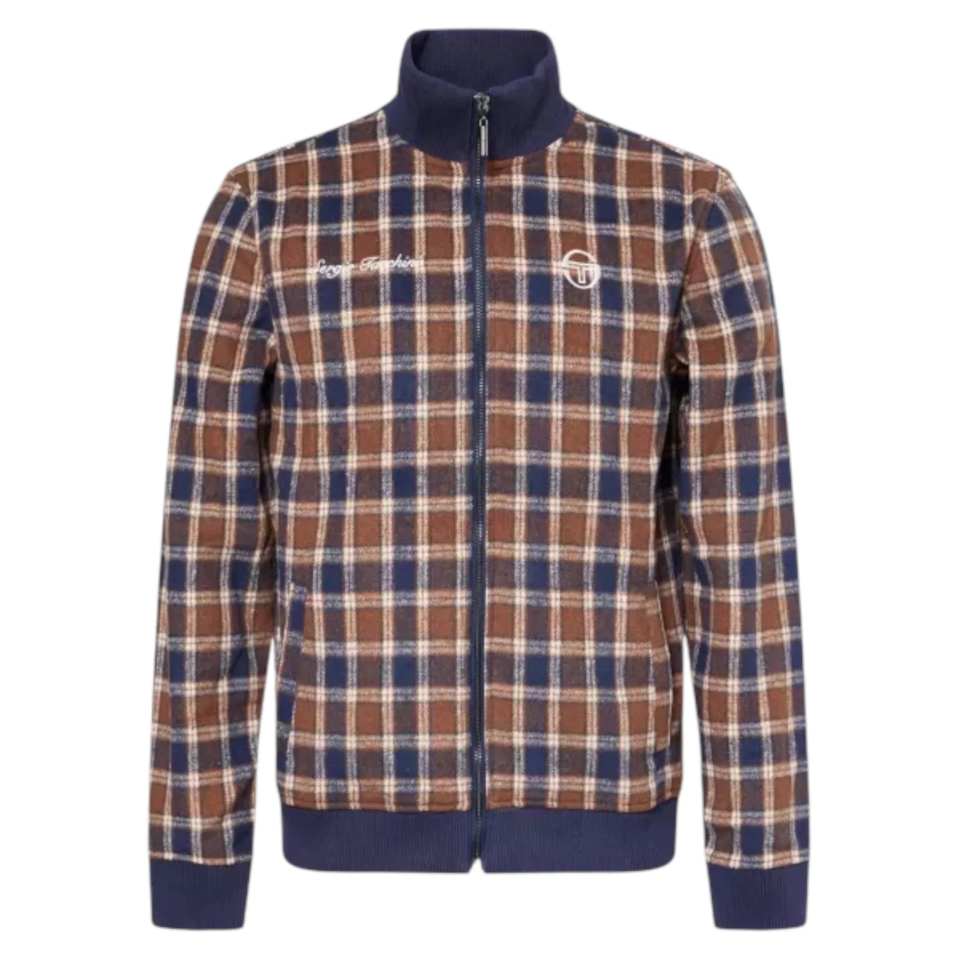 A vintage-style zip-up jacket featuring a brown, navy blue, and beige plaid pattern, with solid navy blue ribbed trim on the collar, cuffs, and hem. The jacket has 'Popeye' embroidered on the left chest and a circular logo on the right chest.