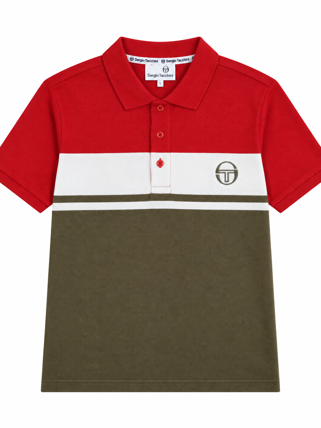A short-sleeve polo shirt by Trencher, featuring a color-blocked design with a red upper section, a white horizontal stripe across the chest, and an olive green lower section. The shirt has a small circular logo on the left chest and a two-button placket.
