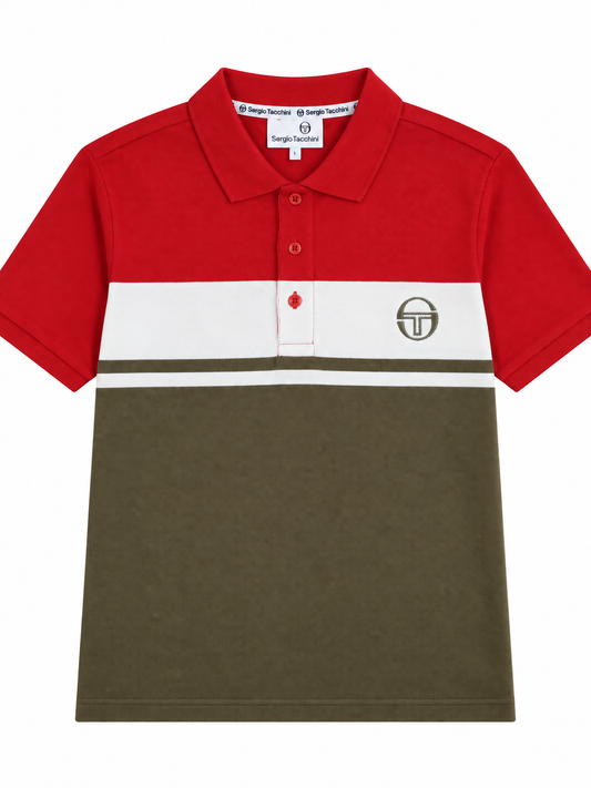 A short-sleeve polo shirt by Trencher, featuring a color-blocked design with a red upper section, a white horizontal stripe across the chest, and an olive green lower section. The shirt has a small circular logo on the left chest and a two-button placket.