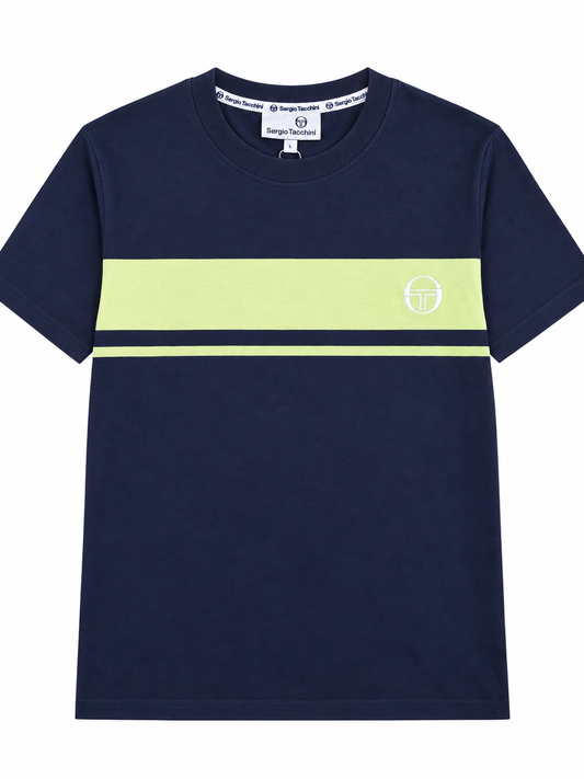 A navy blue short-sleeve t-shirt with a horizontal lime green stripe across the chest, featuring a small white circular logo on the right chest and a white brand label printed inside the collar.