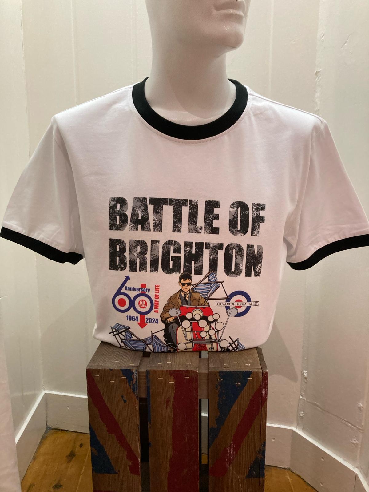 Quadrophenia Alley Men's Exclusive 60th Anniversary 'Battle of Brighton' Print Ringer T-Shirt White