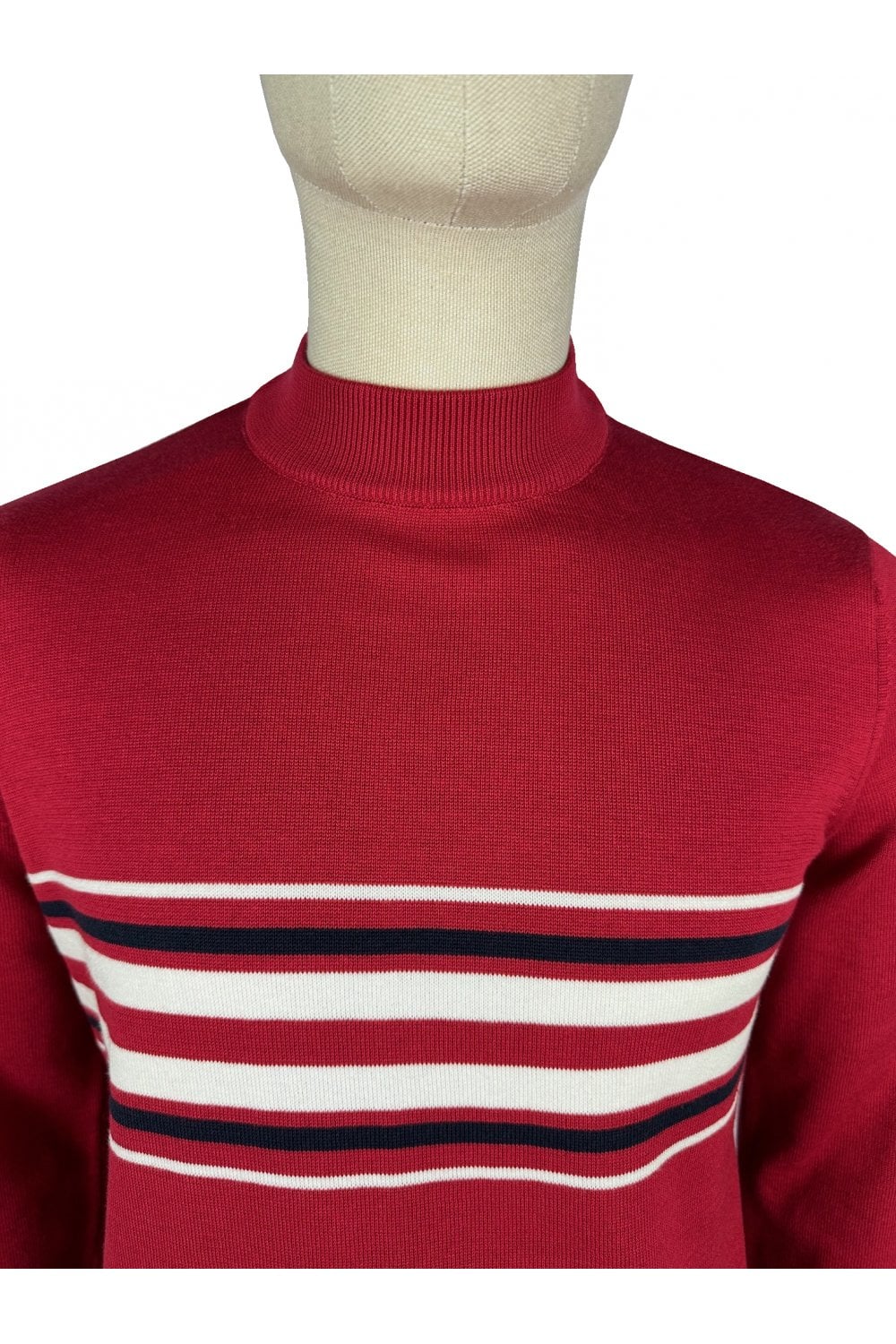 Ska & Soul Men's SS2560 LS 'Knebworth' Border Stripe Turtle Neck Jumper Blood Red