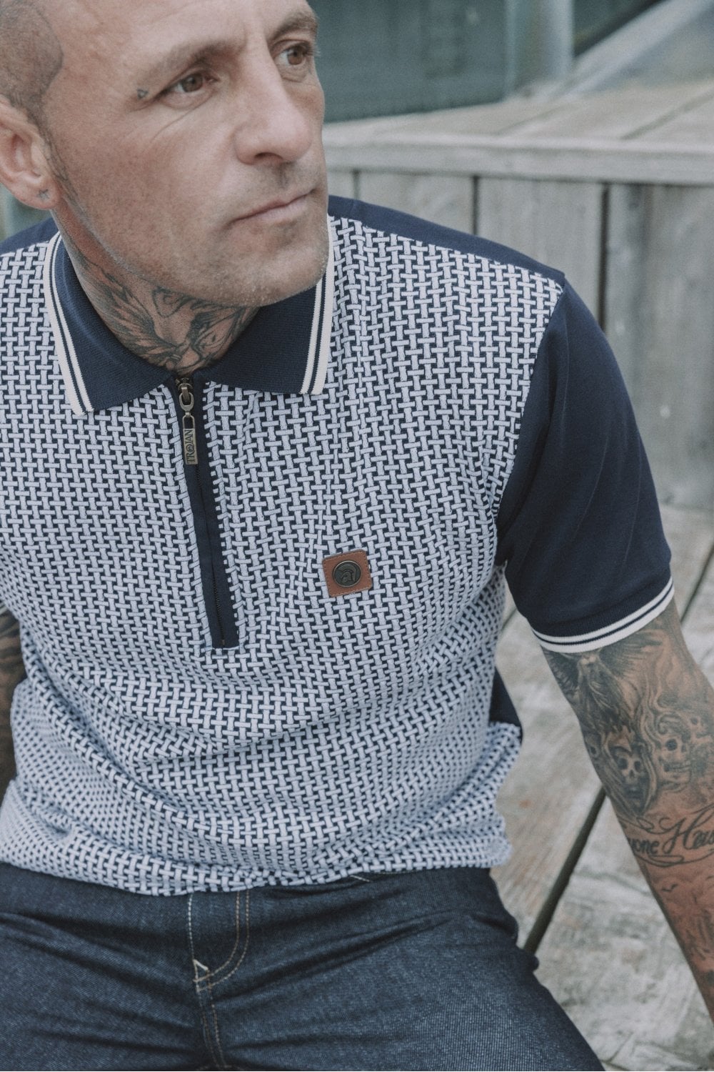 Trojan Records Men's TR9031 Basket Knit Zip Panel Polo Shirt Navy