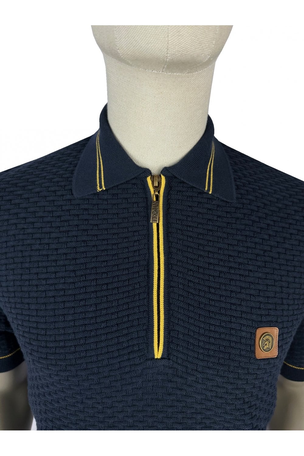 Trojan Records Men's TR8862 SS Basket Weave Fine Gauge Polo Shirt Navy Blue