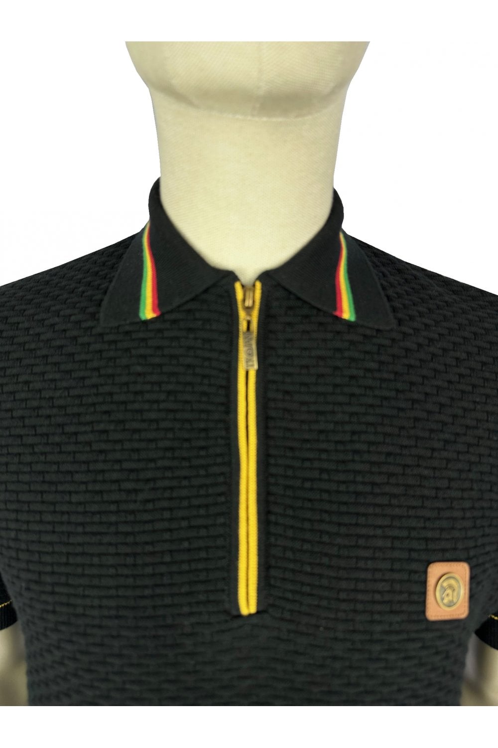 Trojan Records Men's TR8916 SS Basket Weave Plain Zip Polo Shirt Black