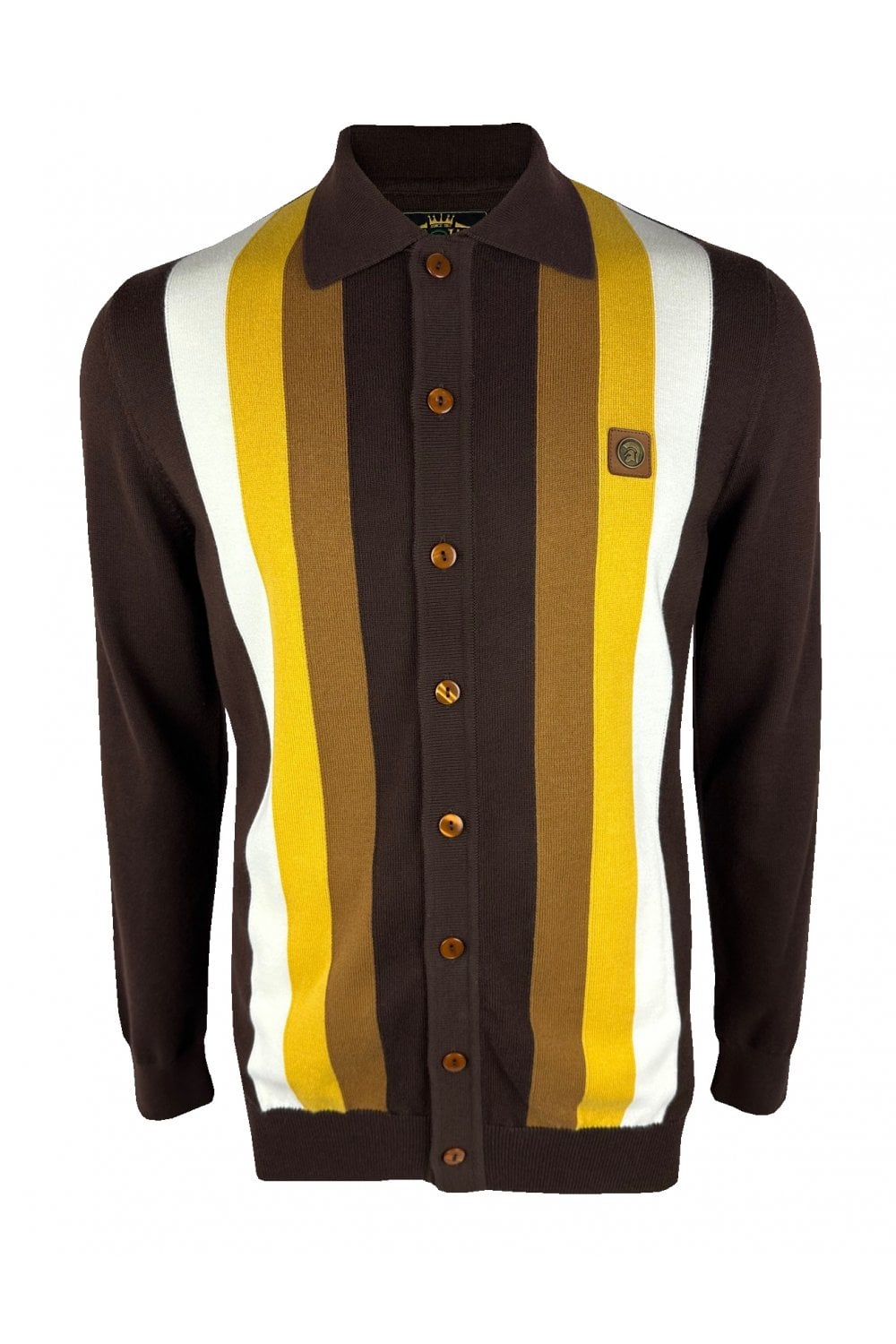 Trojan Records Men's TR9009 Button Through Stripe Cardi Top Chocolate Brown
