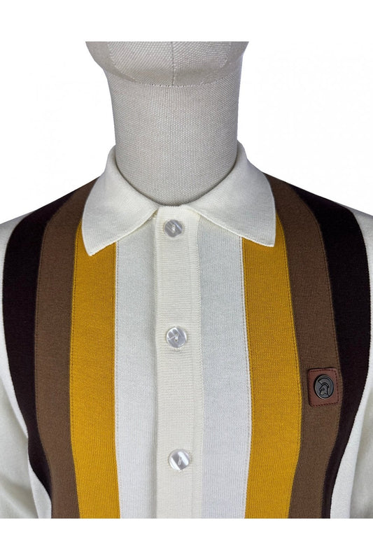 Trojan Records Men's TR9009 Button Through Stripe Cardi Top Ecru