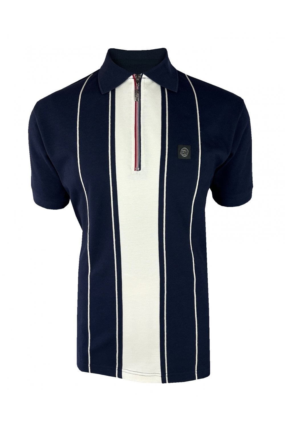 Trojan Records Men's TR9066 Chain Stitch Zip Pique Polo Shirt Navy Blue