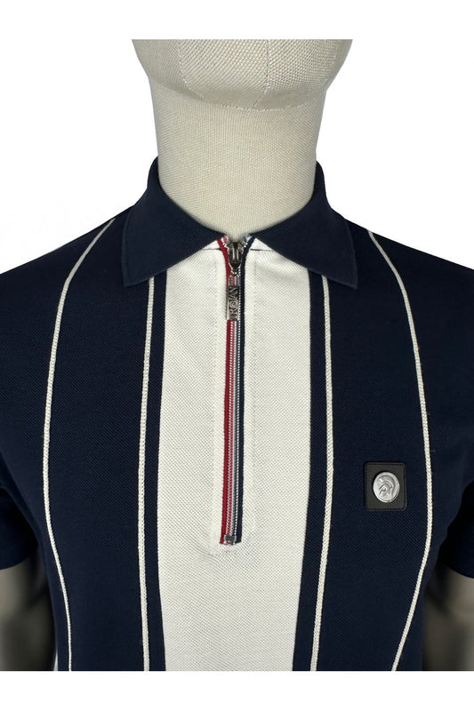 Trojan Records Men's TR9066 Chain Stitch Zip Pique Polo Shirt Navy Blue