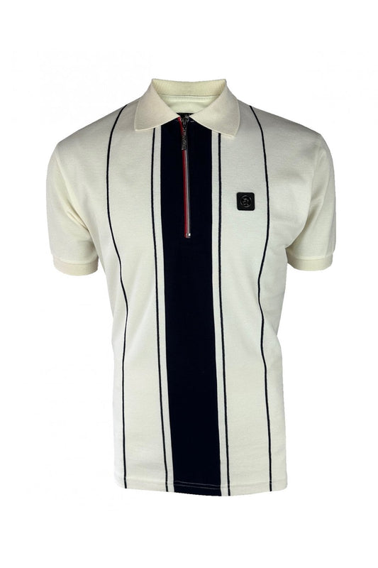 Trojan Records Men's TR9066 Chain Stitch Zip Pique Polo Shirt Ecru