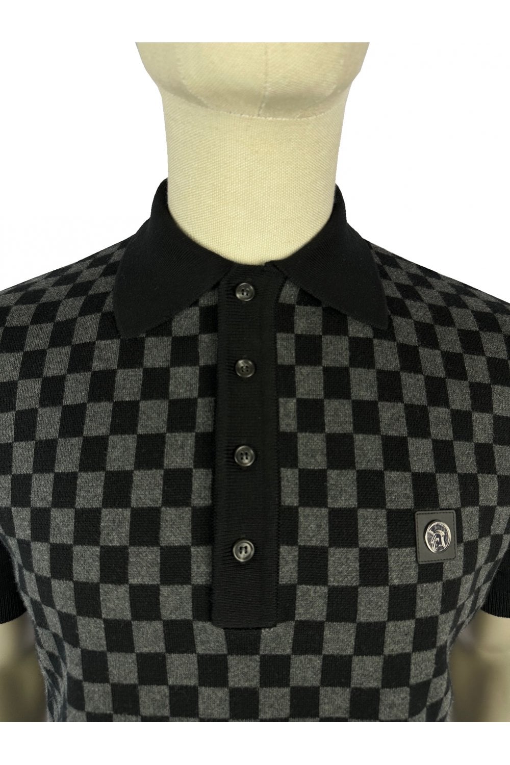 Trojan Records Men's TR8911 SS Chequerboard Panel Polo Shirt Black