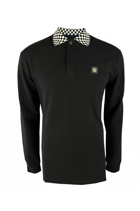Trojan Records Men's TR9034 L/S Chequerboard Trim Polo Shirt Black
