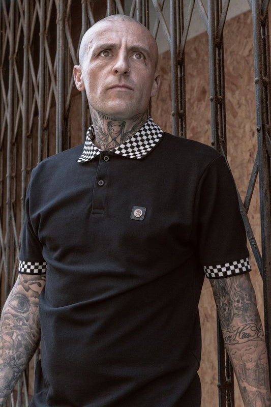 Trojan Records Men's TC1051 Chequerboard Trim Pique Polo Shirt Black