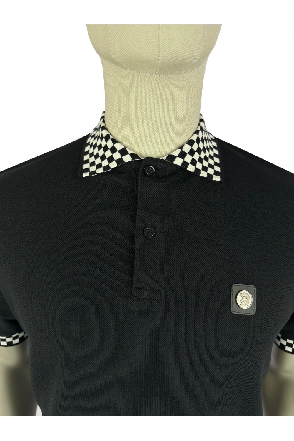 Trojan Records Men's TC1051 Chequerboard Trim Pique Polo Shirt Black