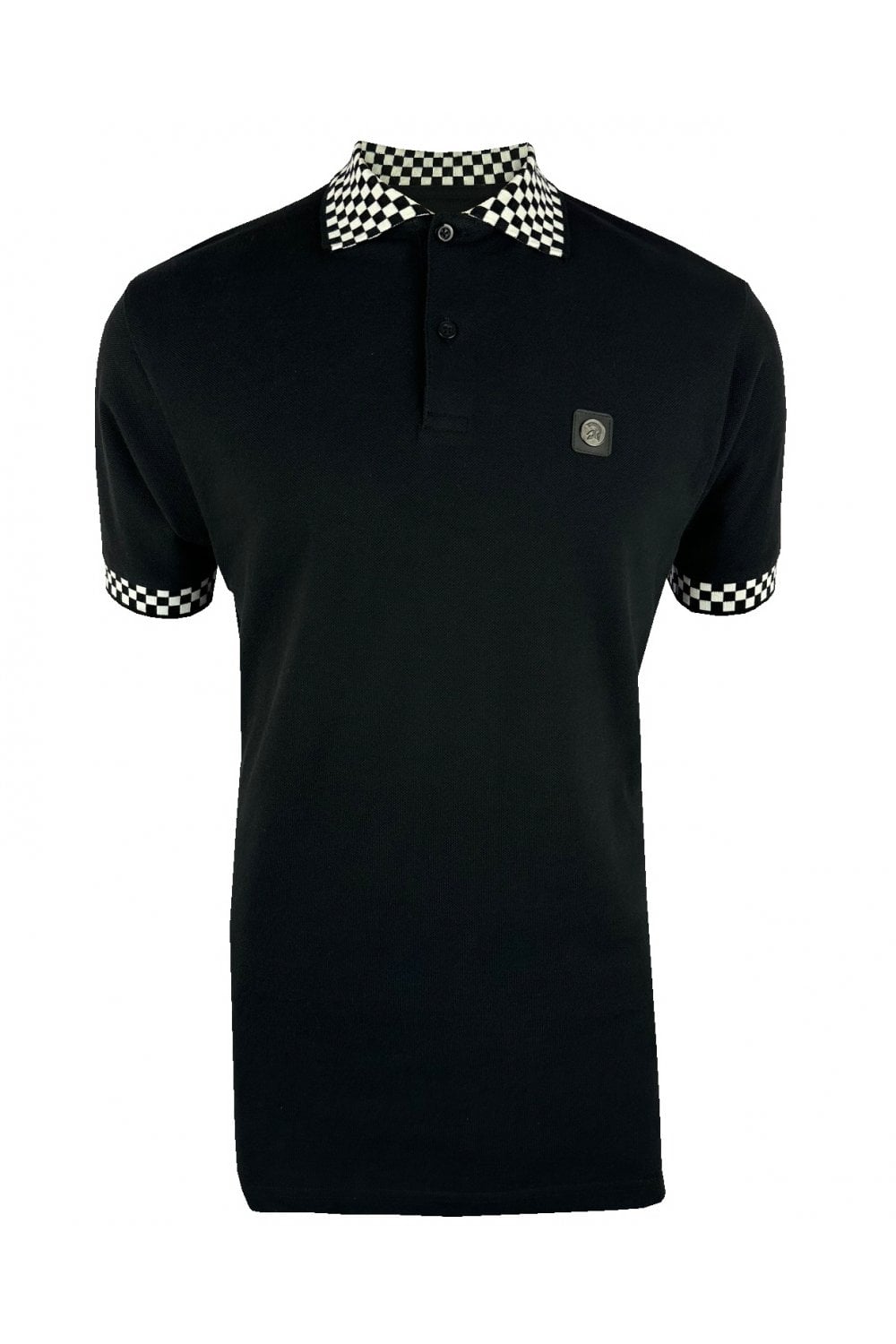 Trojan Records Men's TC1051 Chequerboard Trim Pique Polo Shirt Black