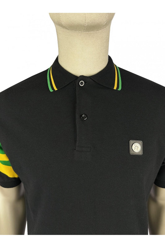 Trojan Records Men's TR9022/TR9073 Flag Sleeve Pique Polo Shirt Black