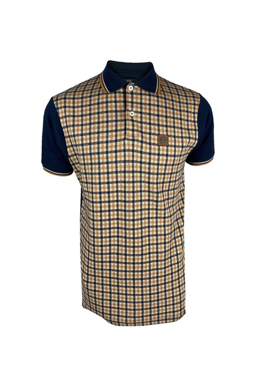 Trojan Records Men's TR8769 SS Gingham Check Polo Shirt Navy Blue