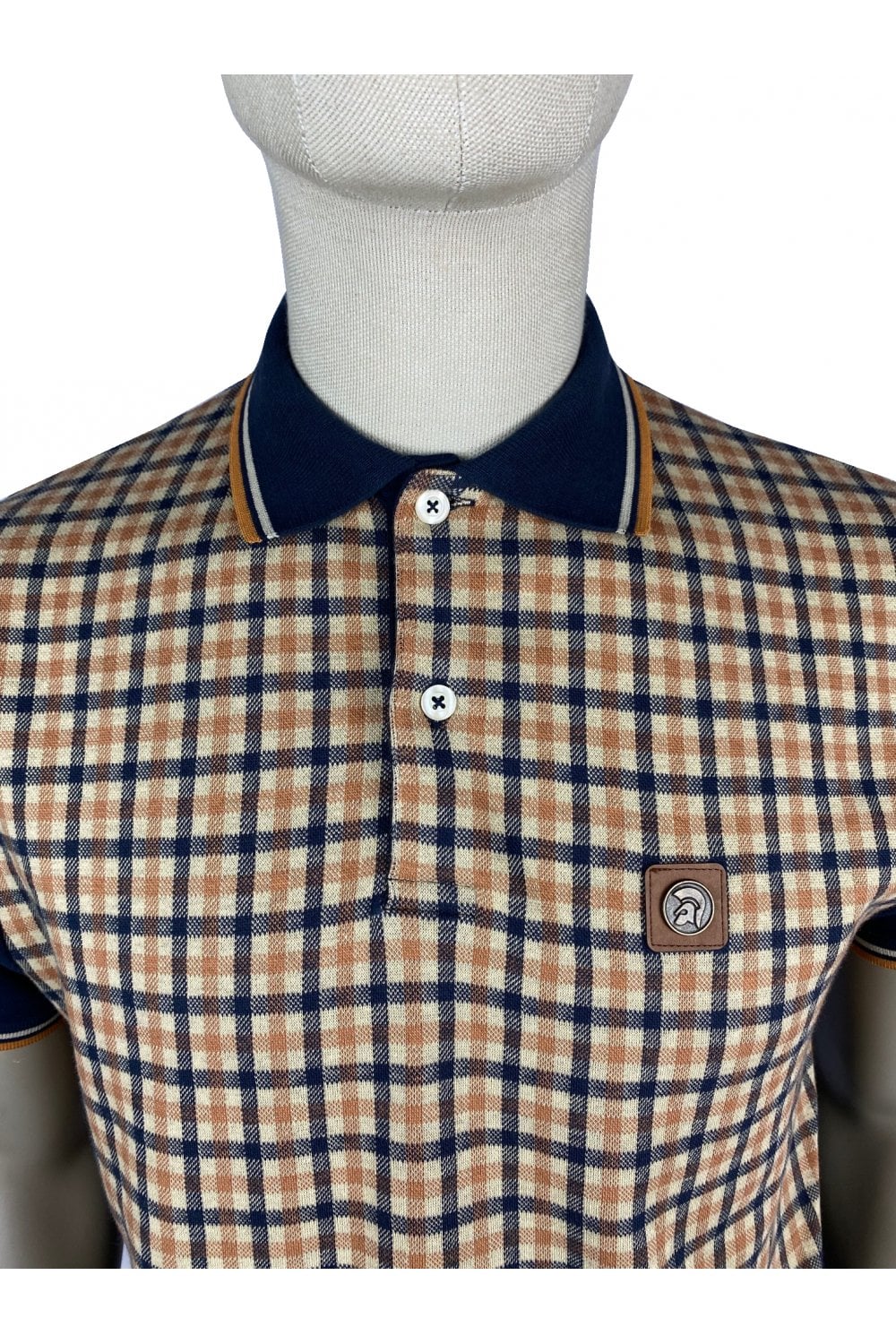 Trojan Records Men's TR8769 SS Gingham Check Polo Shirt Navy Blue