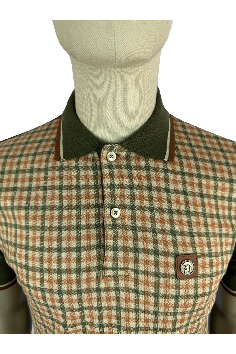 Trojan Records Men's TR8822 SS Gingham Check Panel Polo Shirt Army Green