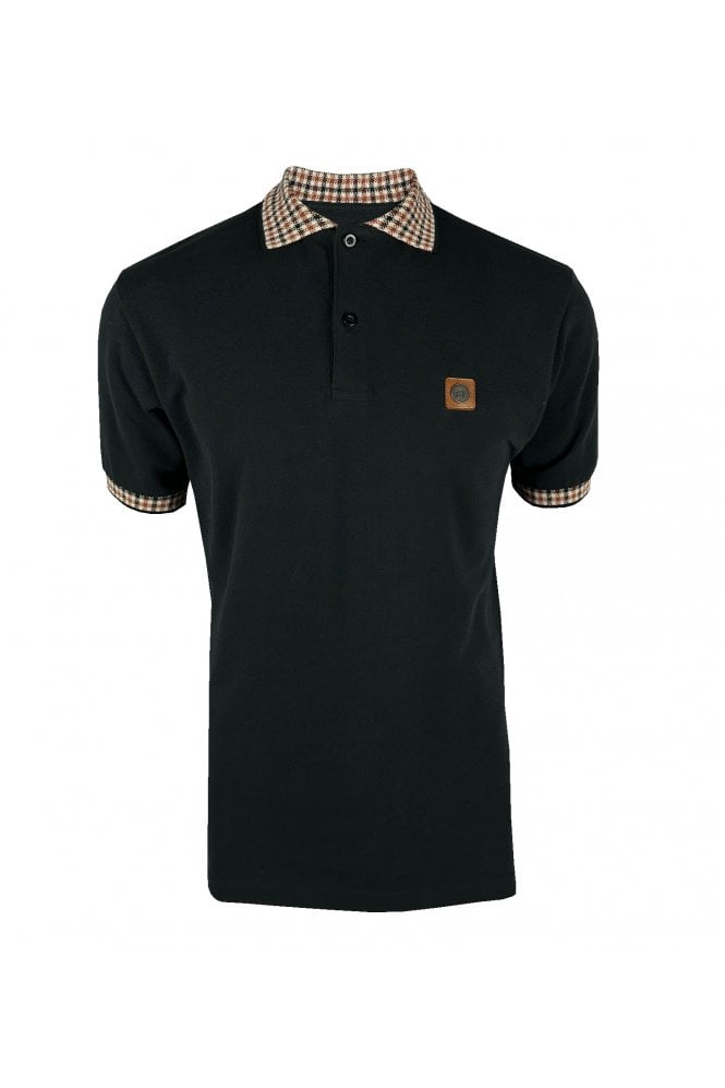 Trojan Records Men's TR8865 SS Gingham Check Trim Pique Polo Shirt Black