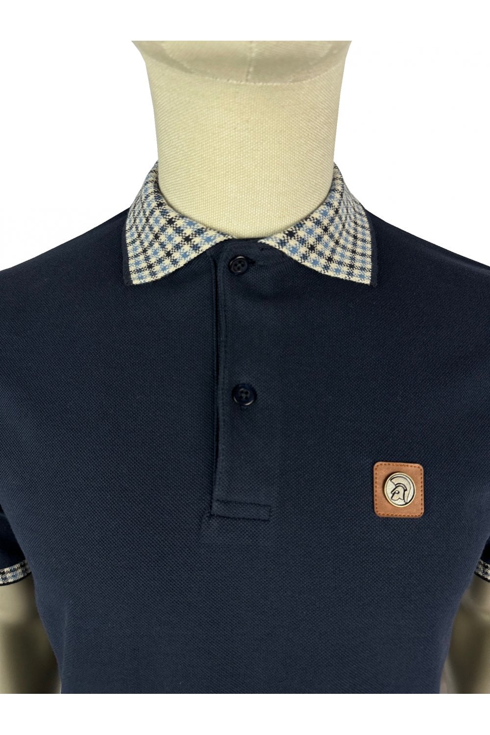 Trojan Records Men's TR8865 SS Gingham Check Trim Pique Polo Shirt Navy Blue