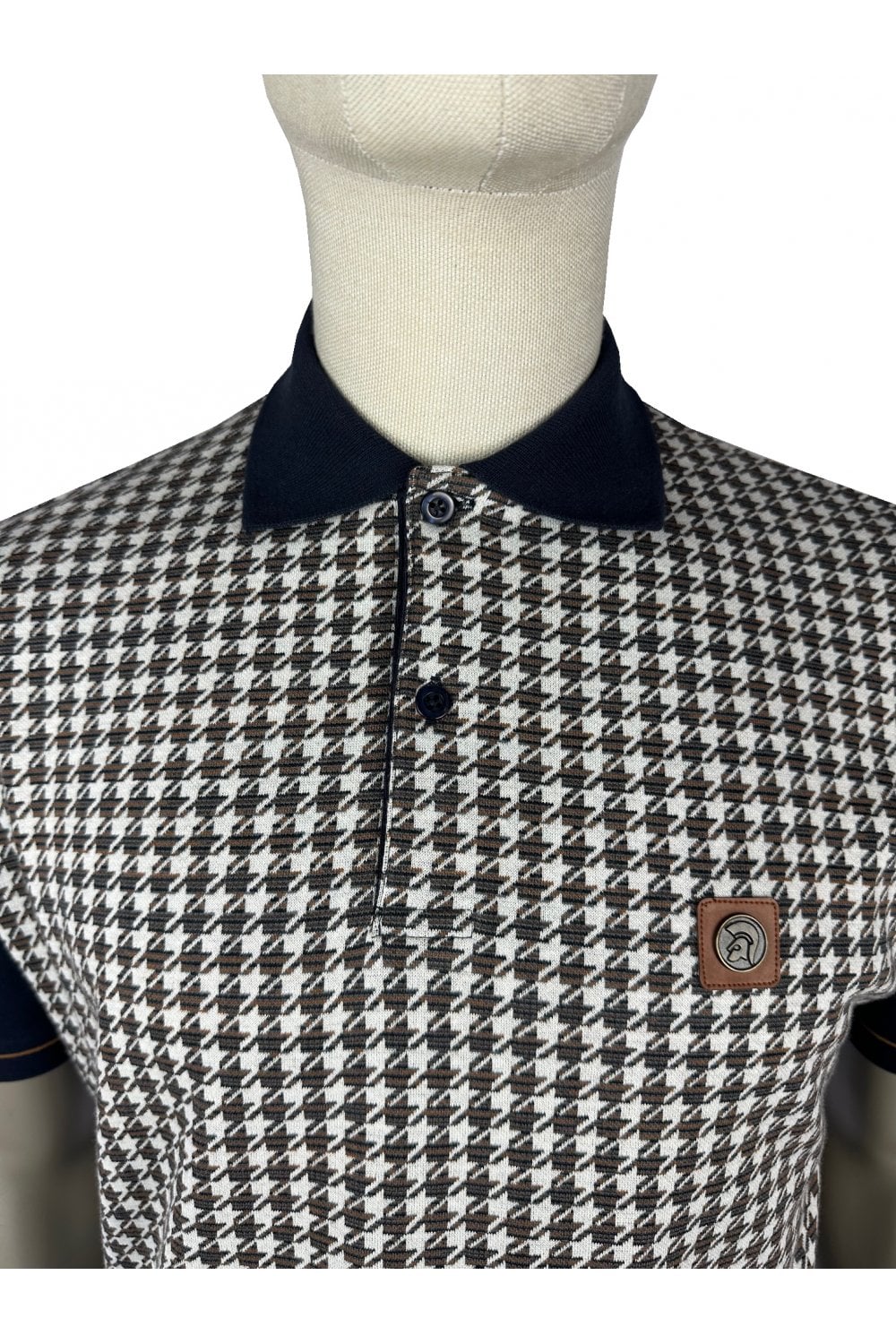 Trojan Records Men's TR9074 Houndstooth Panel Polo Shirt Navy Blue