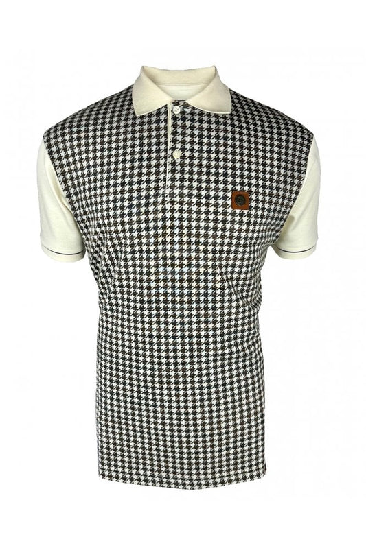 Trojan Records Men's TR9074 Houndstooth Panel Polo Shirt Ecru