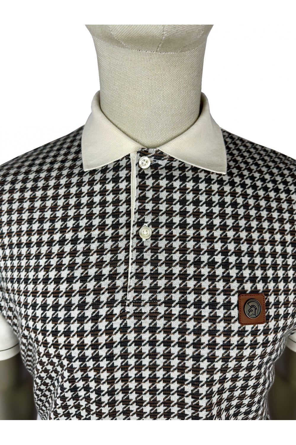 Trojan Records Men's TR9074 Houndstooth Panel Polo Shirt Ecru