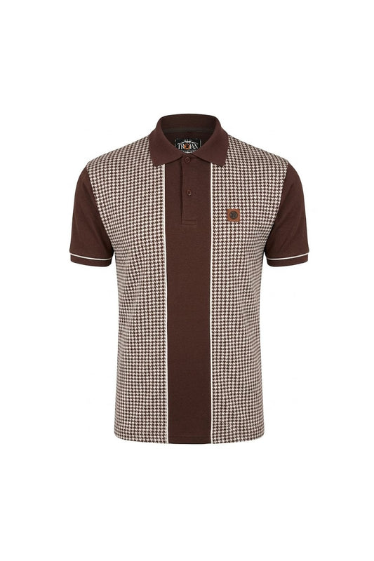 Trojan Records TR9118 Houndstooth Panel Polo Shirt Chocolate Brown