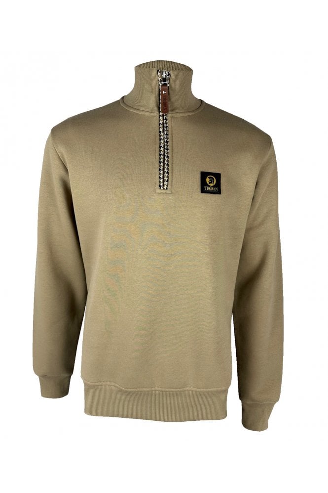 Trojan Records Men's TR8945 Houndstooth Trim 1/4 Zip Jumper Sand