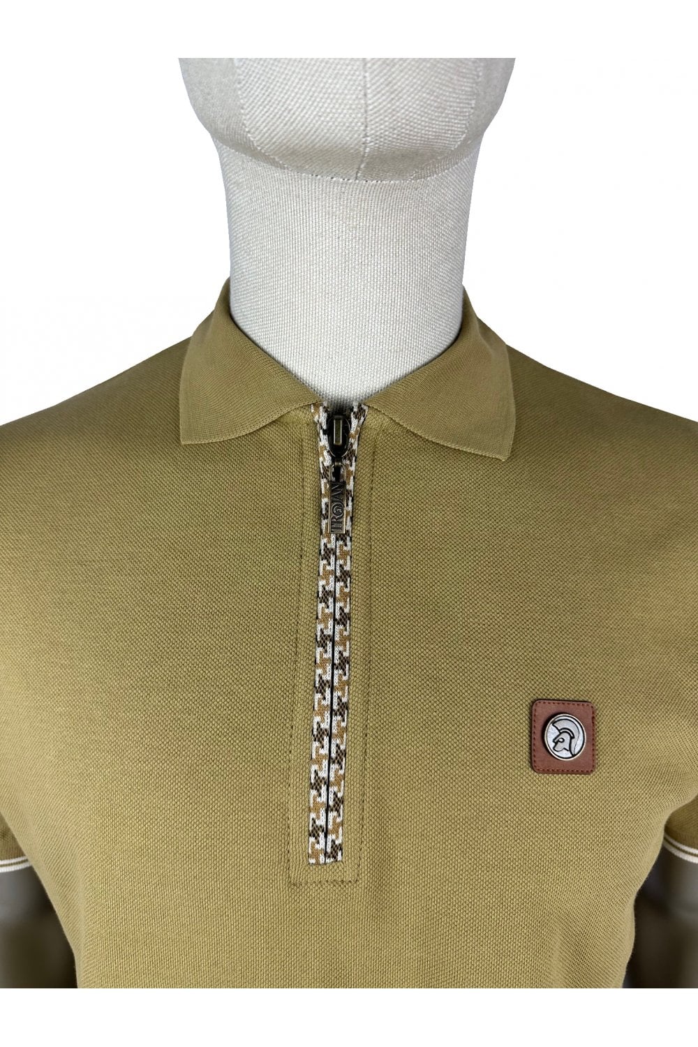 Trojan Records Men's TR8872 SS Houndstooth Trim Zip Pique Polo Shirt Camel