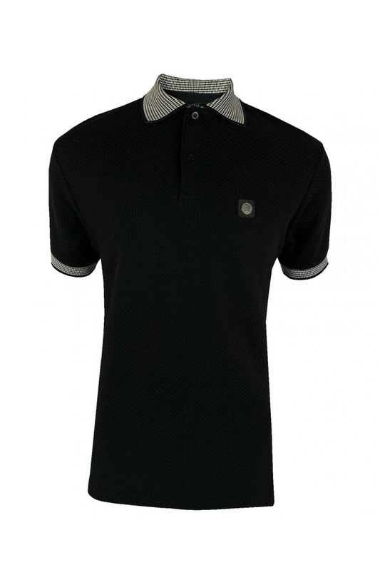 Trojan Records Men's TR8931 SS Jacquard Collar Textured Polo Shirt Black