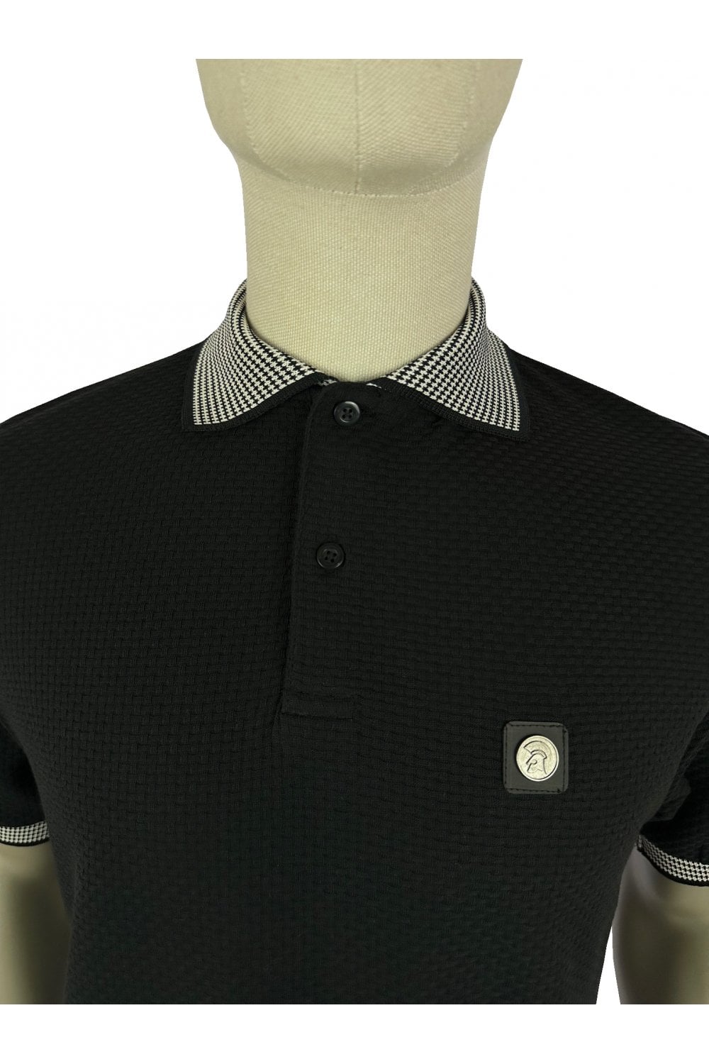 Trojan Records Men's TR8931 SS Jacquard Collar Textured Polo Shirt Black