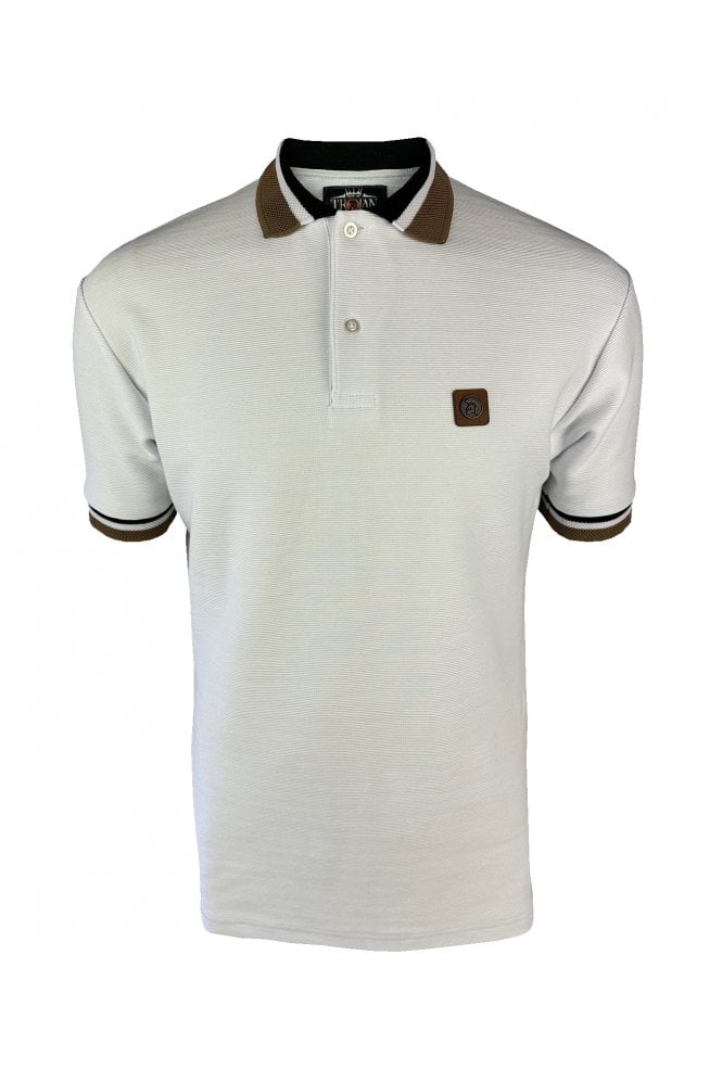 Trojan Records Men's TR9024 Jacquard Trim Ottoman Rib Polo Shirt White