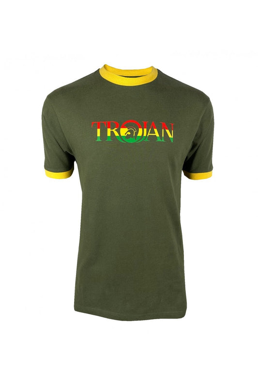 Trojan Records Men's TC1014 Logo Ringer Crew T Shirt Army Green