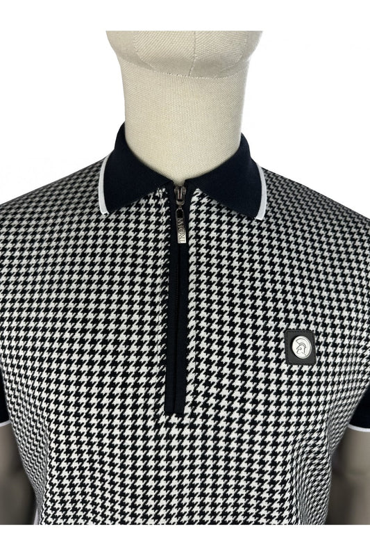 Trojan Records TR9125 Mono Houndstooth Zip Polo Shirt Black