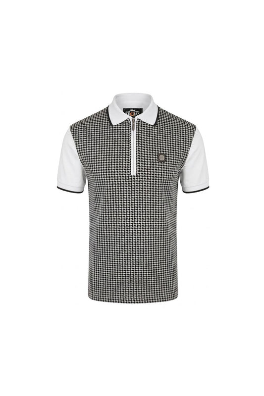 Trojan Records TR9125 Mono Houndstooth Zip Polo Shirt White
