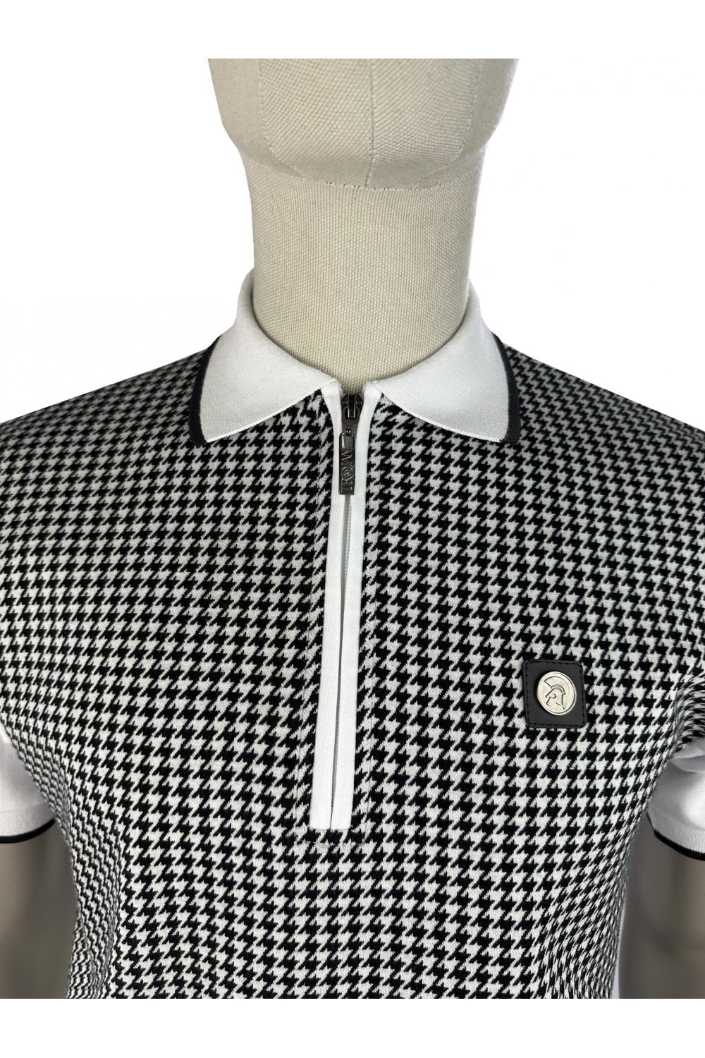 Trojan Records TR9125 Mono Houndstooth Zip Polo Shirt White