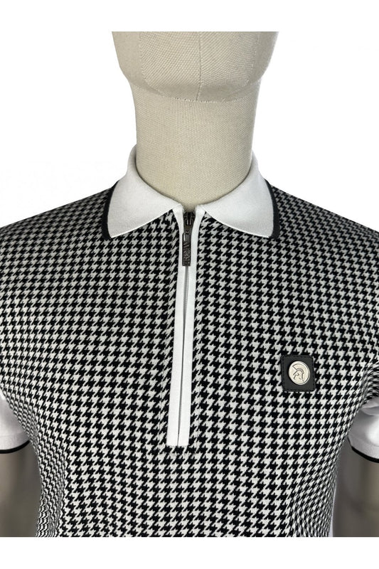 Trojan Records TR9125 Mono Houndstooth Zip Polo Shirt White