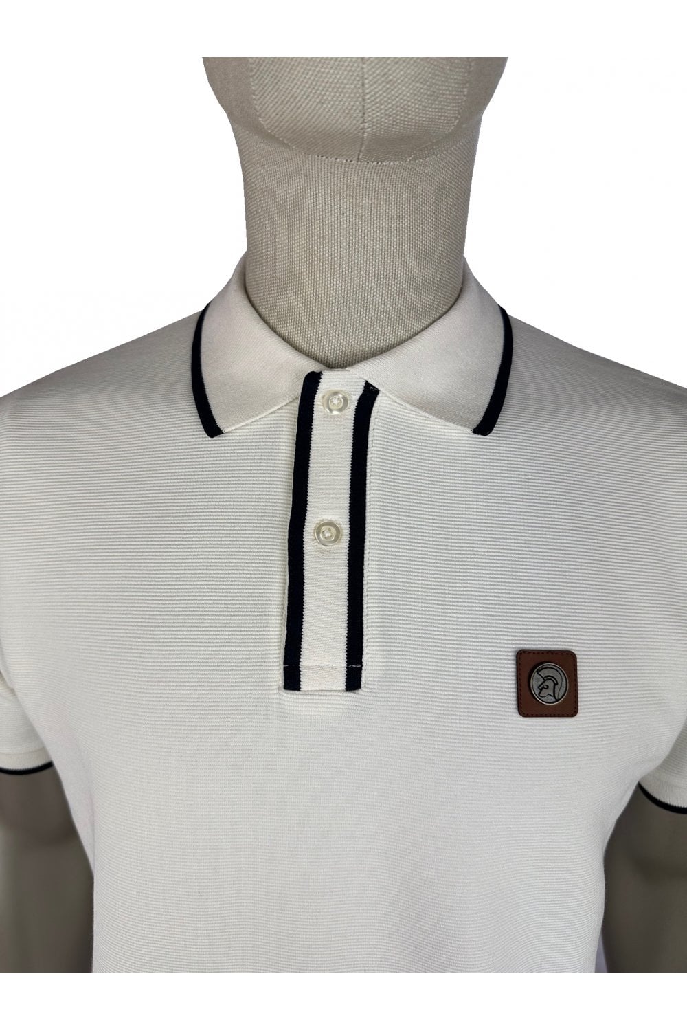 Trojan Records Men's TR9080 Ottoman Stripe Trim Polo Shirt Ecru