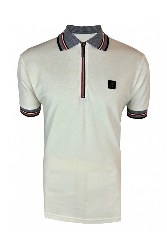 Trojan Records Men's TR9068 Oxford Collar Zip Pique Polo Shirt Ecru
