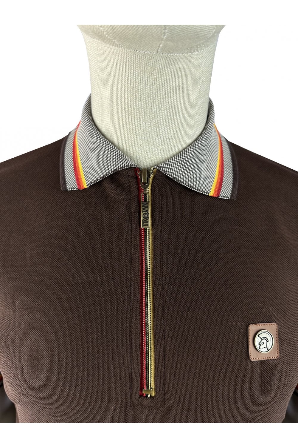 Trojan Records Men's TR9132 Oxford Collar Zip Pique Polo Chocolate Brown