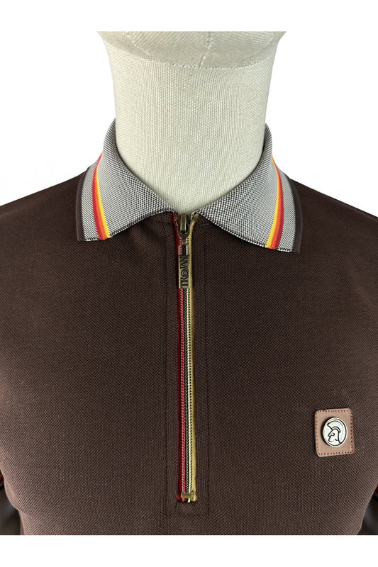Trojan Records Men's TR9132 Oxford Collar Zip Pique Polo Chocolate Brown