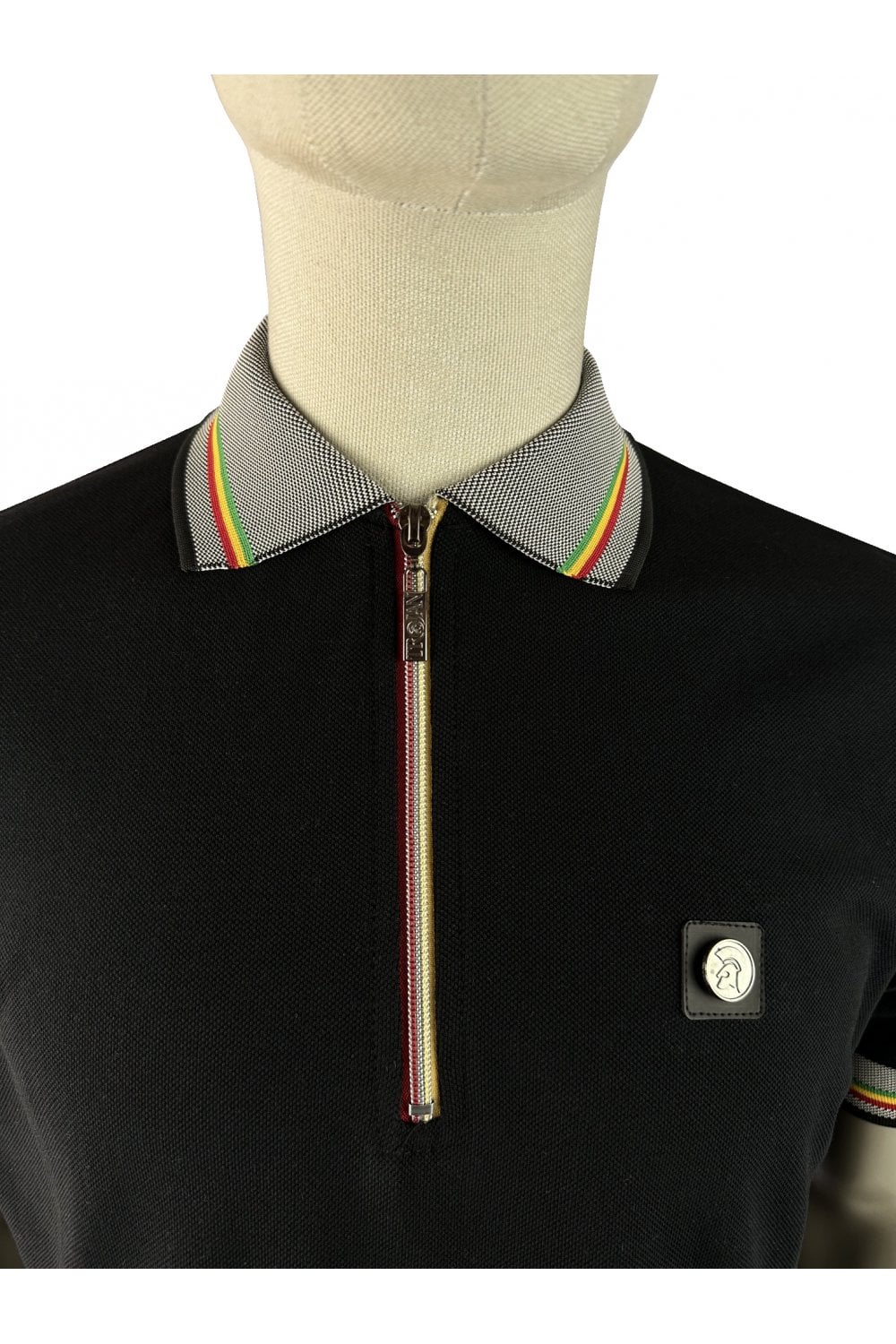 Trojan Records Men's TR9132 Oxford Collar Zip Pique Polo Black