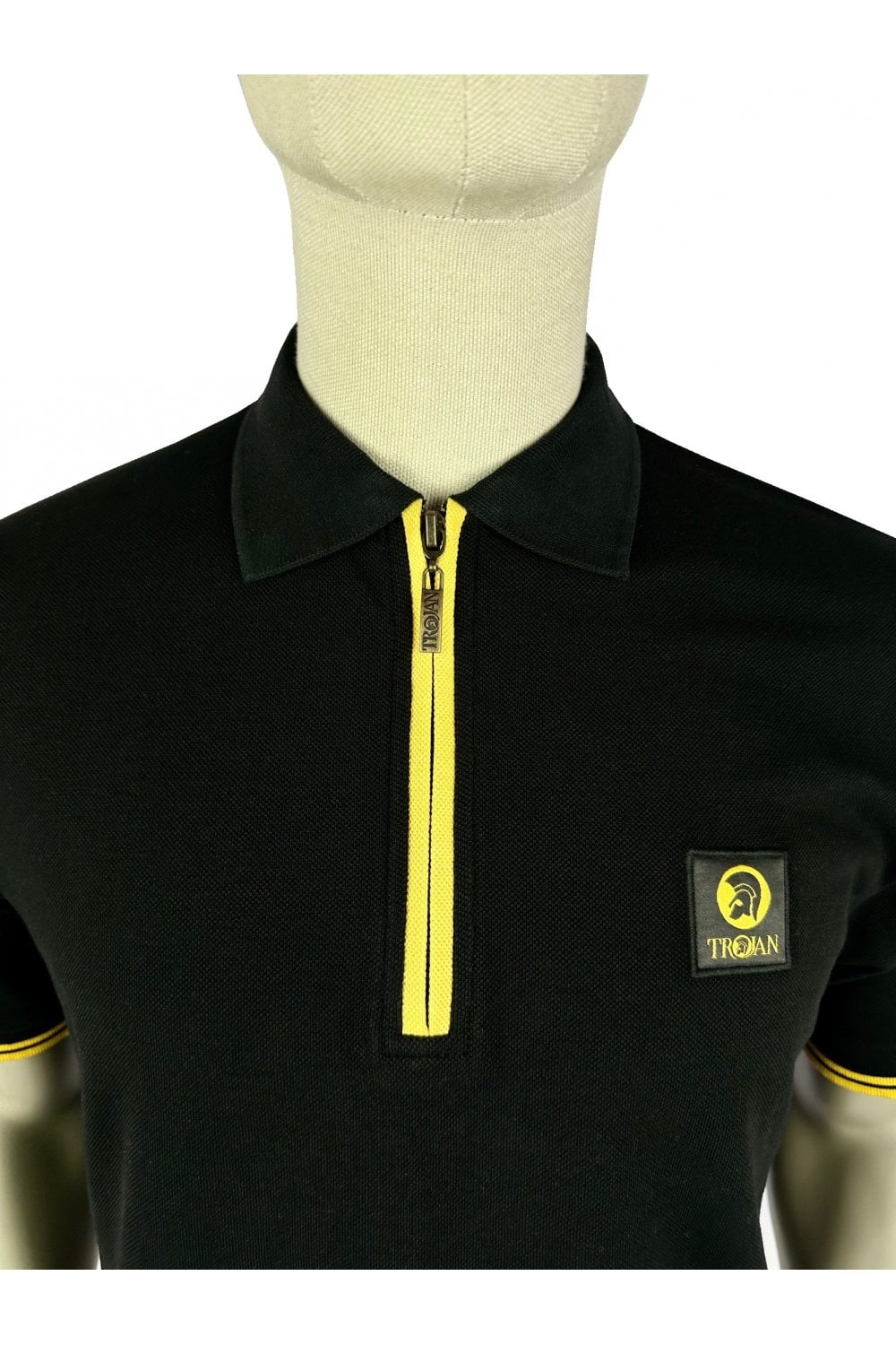 Trojan Records Men's TR8938 SS Plain Zip Polo Shirt Black