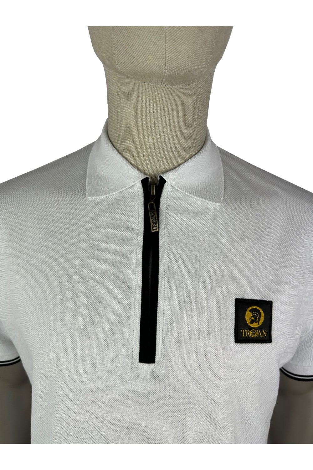 Trojan Records Men's TR8938 SS Plain Zip Polo Shirt White