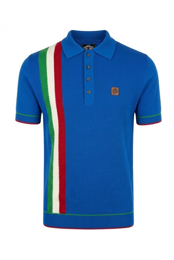 Trojan Records Men's TR9063 Racing Stripe Fine Gauge Polo Shirt Cobalt Blue